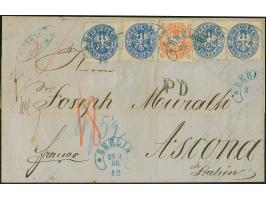 6 Pfg. orange, durch fast fehlenden waagerechten Durchstich teils Scherentrennung, abwechselnd geklebt mit 4 Einzelwerten 2 S