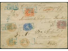 3 Pfg. lila zusammen mit 6 Pfg. orange, 2 Sgr. ultramarin und 3 Einzelwerten 3 Sgr. ocker, mit blauem Ra3 "BERLIN POST-EXP.7 