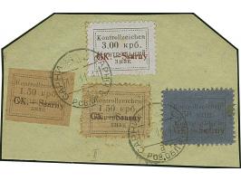 1941, Kontrollzeichen mit Aufdruck 50 K. und 3 Krb. sowie 1,50 Krb. geschnitten sowie gezähnt auf waagerecht gestreiftem Papi