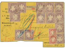 1874, 1 M. gezähnt, 4 Paare und 5 Einzelstücke, zusammen mit 2 Einzelwerten 3 Kr. rosa, mit EKr. "WEISSENBURG 22/12" auf unte