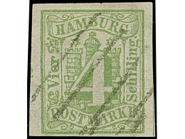 1859, 4 Sch. grünoliv, farbfrisch und allseits breitrandig geschnitten, vom linken Seitenrand mit Teil des Reihenzählers “2”,