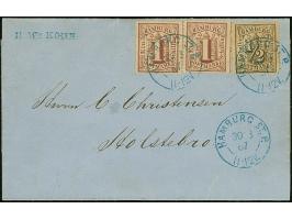 1864, ½ Sch. schwarz sowie zwei 1 Sch. braun, je farbfrisch und meist gut gezähnt, sauber mit DKr. “HAMBURG ST.P 30 3 67 11-1