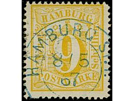 1864, 9 Sch. orangegelb, sehr schön farbfrisch und gut gezähnt, sauber mit falschem DKr. “HAMBURG ST.P. 8/5 67” entwertet, ta