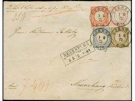 ½ Gr. ziegelrot, 2 Gr. ultamarin und 5 Gr. ockerbraun auf Ganzsachenumschlag 1 Gr. im Großformat, als Paketbegleitbrief mit P