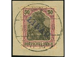 1919, Aufdrucktype I: Germania 50 Pfennig dunkelgraulila auf hellchromgelb, sauber mit Stempel “K.D. Feldpoststation 11.1.19 