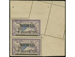 1920 1,25 mark auf 60 Cent im senkrechten Paar aus der rechten oberen Bogenecke mit interessanter Doppelzähnung durch Bogenum