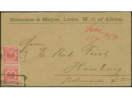 1889, Krone/Adler 10 Pfg. rosarot (leuchtend karmin quarzend) im senkrechten Paar mit Rahmenstempel “AUS WESTAFRIKA” auf Vord