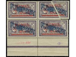 1921, Flugpost 3 Mark auf 60 Cent dunkelgrauviolett, Viererblock mit Zwischenstegansätzen unten, die rechten Marken mit sehr 