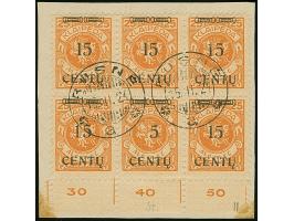 1923, Neue Währungsaufdrucke 15 Centu auf 25 Mark., Unterrand-Sechserblock von den Druckfeldern 83-85 und 93-95, die mittlere