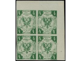 Neudrucke 1872: ½-4 Sch. kpl. in 4er-Blocks, voll- bis breitrandig, 1 Sch. etwas oxidiert, sonst und sehr schön farbfrisch, u