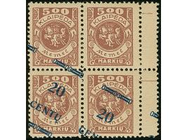 1923, Neue Währungsaufdrucke 20 Centu auf 500 Mark, Viererblock mit Zwischenstegansatz rechts, mit komplett schräg verlaufend