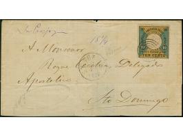 1875, 10C. schwarz/graugrün/dunkelgelb, farbfrisch und übliche gezähnt, sauber mit 5-Ringstempel auf Faltbriefhülle (eine Kla