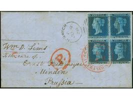 1854/57, 2 d. blue, block of 4, nice fresh colour and well perforated, tied by duplex "IPSWICH JU 9 58" and partly by red "AU