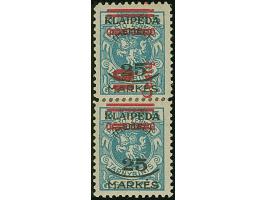 1923, 10 Centu auf 25 Markiu auf 10 Centu grünlichblau, zwei Einzelmarken als senkrechtes Paar durch Falz zusammenhängend mit