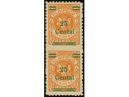 1923, 24-Werte 25 Centu auf 25 Markiu, senkrechtes Paar, mittig ungezähnt, die obere Marke mit Plattenfehler „diagonaler Bruc