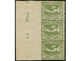 1920, Schlesische Hüttenwerke 40 Pfennig grünoliv, senkrechter Dreierstreifen mit linkem Seitenrand mit Teil-Druckvermerk “ U