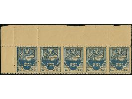 1921, Insurgenten 60 Fenigow schwarzgraublau auf gelblichem, dicken Papier, waagerechter 5er-Streifen aus der linken oberen B