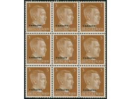 1941, Hitler 3 Pfennig, 9er-Block, dabei die mittlere Marke mit Aufdruckfehler “UKRAIN”, postfrisch, tadellos , sowie Kurzbef