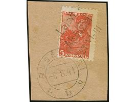 1941, 5 Kopeken dunkelbräunlichrot, mit diagonalem Aufdruck, dieser zum Teil auf das Briefstück übergehend, winzig fleckig, s