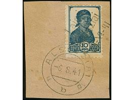 1941, 10 Kopeken preußischblau, mit diagonalem Aufdruck, dieser zum Teil auf das Briefstück übergehend, winzig fleckig, sonst