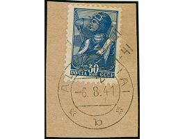 1941, 30 Kopeken violettultramarin, mit diagonalem Aufdruck, dieser zum Teil auf das Briefstück übergehend, winzig fleckig, s