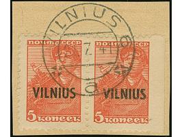 1941, Vilnius 5 Kopeken bräunlichrot, waagerechtes Paar mit rechtem Seitenrand, rechts ungezähnt, sauber mit Stempel “VILNIUS