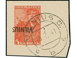 1941, Vilnius 5 Kopeken bräunlichrot, kopfstehender Aufdruck, sauber mit Stempel “VILNIUS 18.7.41” auf Briefstück, tadellos, 