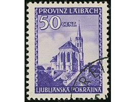 1945, Ansichten aus Slowenien Kapitelkirche in Rudolfswert 50 Centesimi dunkelviolett, mit Plattenfehler “2 Telegraphendrähte