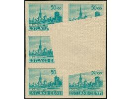 1941, Wiederaufbau Ansichten von Reval 50 Kopeken, 6er-Block mit markantem Druckausfall bzw. einem komplett fehlendem Markenb