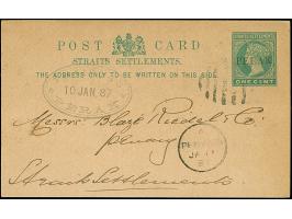1887, Perak Taiping: 1 c. postal stationery card to Penang, overprint variety 'PAIAK', cancelled by oval of bars, showing fin