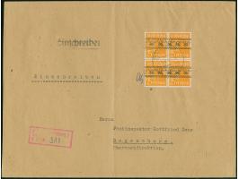 Band auf Arbeiter 25 Pfg. im Viererblock mit Stempel “REGENSBURG 24.8.48” als tarifgerechte Mehrfachfrankatur auf R-Ortsbrief