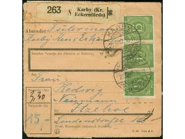 Ziffer 15 Pfg. grün, 22 Werte mit Stempel “KARBY 22.12.47” vorder- und rückseitig auf Paketkarte nach Itzehohe. Die Marken zu