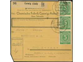 Ziffer 5 Pfg., 12 Werte mit Stempel “COSWIG 25.6.46” vorder- und rückseitig auf Paketkarte nach Dessau. Ein Wert oben mit Ran