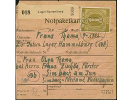 Ziffer 1 M. im senkrechten Oberrandpaar und zwei Einzelmarken (einmal mit durchgezähntem Oberrand) je mit Stempel “HAMMELBURG