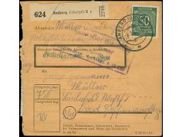 Ziffer 50 Pfg. im senkrechten 8er-Block, Viererblock mit Eckzahnfehler und drei Einzelmarken je mit Stempel “AMBERG 8.7.47” a