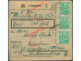 Arbeiter 84 Pfg. im senkrechten Paar und Dreierstreifen je mit Stempel “SCHAUENSTEIN 7.6.48” vorder- und rückseitig auf Paket