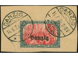 1920, 5 Mark grünschwarz/lilarot, Zähnungslöcher 25:17, mit doppeltem Aufdruck, sauber mit zeitgerechter Entwertung “DANZIG *