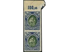 1921, Kogge 2 Mark, senkrechtes Oberrandpaar mit schräg durch den Oberrand und die obere Marke verlaufender, geklebter Papier