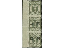 1921, Staatswappen 1,50 Mark, senkrechter Dreierstreifen mit linkem Seitenrand, die obere Marke ohne Aufdruck (nur im Blinddr