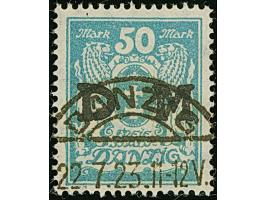 1923, Staatswappen 50 Mark, farbfrisch und gut gezähnt, sauber zentrisch und zeitgerecht gestempelt “DANZIG 22.7.23", tadello