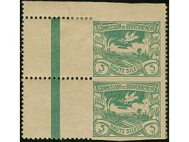 1920, Hüttenwerke 5 Pfennig dunkelopalgrün, dreiseitig ungezähnt im senkrechten Paar mit Zwischenstegen links, die obere Mark