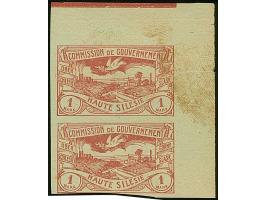 1920, Hüttenwerke 1 Mark dunkelkarminrot, ungezähnter Probedruck auf gelbgrünem, ungummierten Papier, senkrechtes Paar aus de