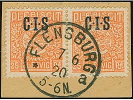 1920, CIS 25 Pfennig, waagerechte Paar, farbfrisch und gut gezähnt, sauber mit EKr. “FLENSBURG 7 6 20” auf Briefstück, tadell