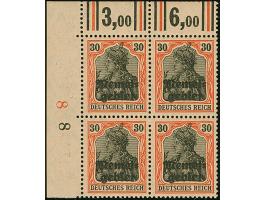 1920, Germania 30 Pfennig auf hellchromgelb, Viererblock aus der linken oberen Bogenecke, die rechte untere Marke mit Urmarke