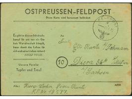 Ostpreussen-Feldpostkarte mit fetter kleiner Inschrift auf grünem Karton, gebraucht mit Normstempel “d 1.4.45” und Absenderve