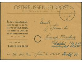 Ostpreussen-Feldpostkarte auf hellbraunem Karton, gebraucht mit Normstempel “d 6.3.45” und Absendervermerk mit Feldpostnummer