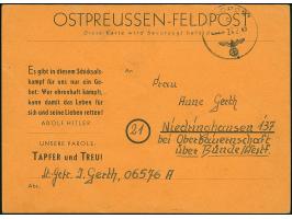 Ostpreussen-Feldpostkarte auf orangem Karton, gebraucht mit Normstempel “b 27.2.45” und Absendervermerk mit Feldpostnummer “0