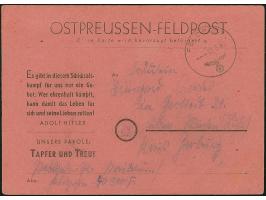 Ostpreussen-Feldpostkarte auf lachsrotem Karton, gebraucht mit Normstempel “e 5.3.45” und Absendervermerk mit Feldpostnummer 