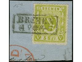 1866/67, 5 Sgr. schwarzgrüngelb, farbfrisch und ausgabetypisch gut gezähnt, mit klar und gerade aufgesetztem Ra2 "BREMEN 144 