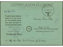 Ostpreussen-Feldpostkarte auf hellgrünem Karton, gebraucht mit Normstempel “d 19.3.45” und Absendervermerk mit Feldpostnummer